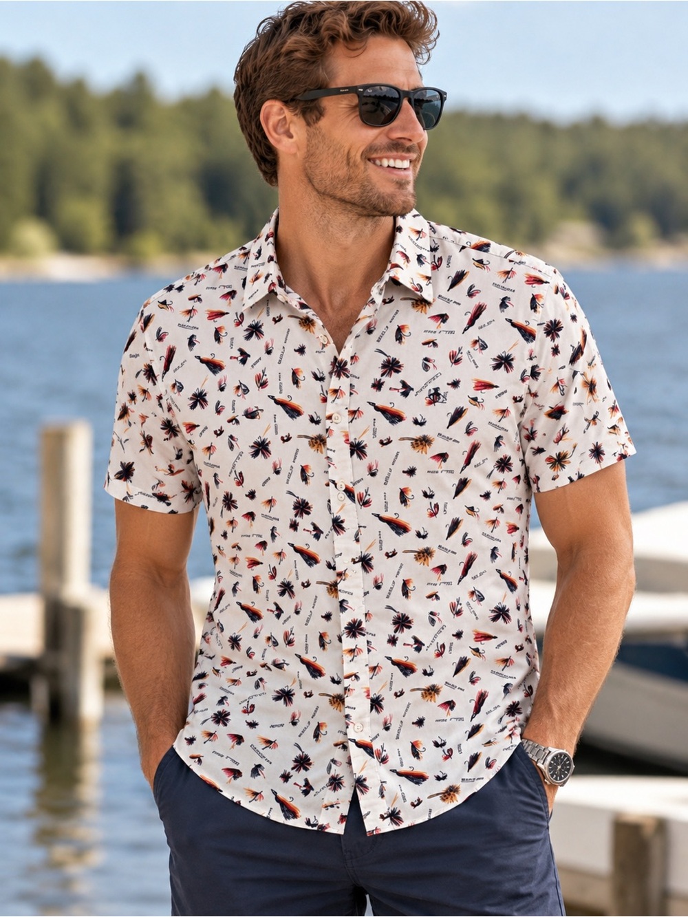 Original Penguin Men’s L Heritage Slim Fit Fly Fishing Lure Print Shirt
